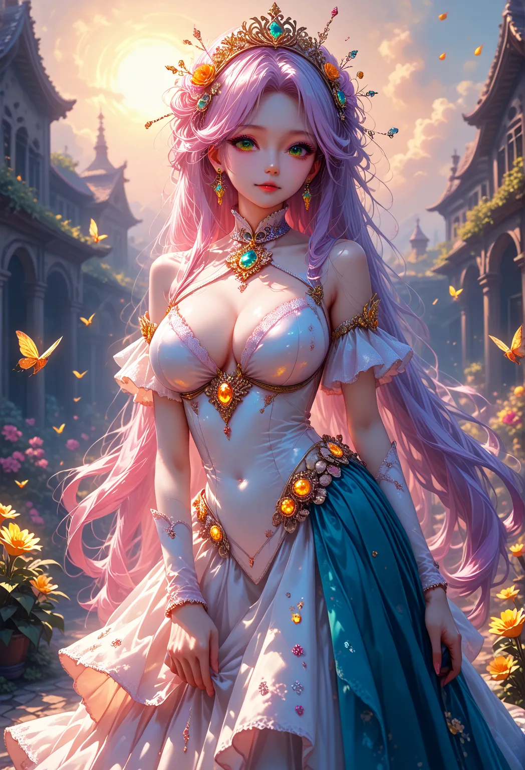 pfstyle, Anime Girl Alone, sexy, big breasts, Charming, Long Very Hair White Colors, Fashionable Outfit with beautiful design, Hair Shine in the Form of Golden Dust, very beautiful, Facing the Spectator, Leaned on the Wooden Gate, Background: Field of colo...