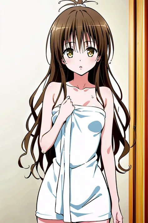  Best quality , Yuki Mikan, Love Ru 、  Tea hair 、  yellow eyes、 , hair loose 、brown hair, long hair、 beautiful small breasts 、 , ajar lips, style art looks at the viewer, nose  turn red,  turn red,  naked towel, wet hair,  wet skin, white bedroom、  standin...