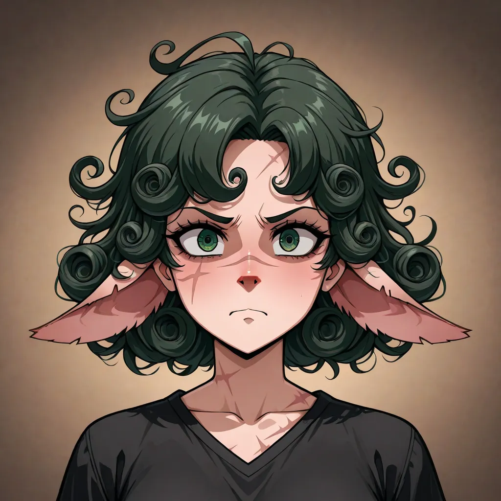  girl in her twenties , unevenly trimmed brown curly hair just below the ears,  dissatisfied face ,  dark green eyes, scar near the eye,  black clothes,  humped nose , oval face shape, hair sampling on the side