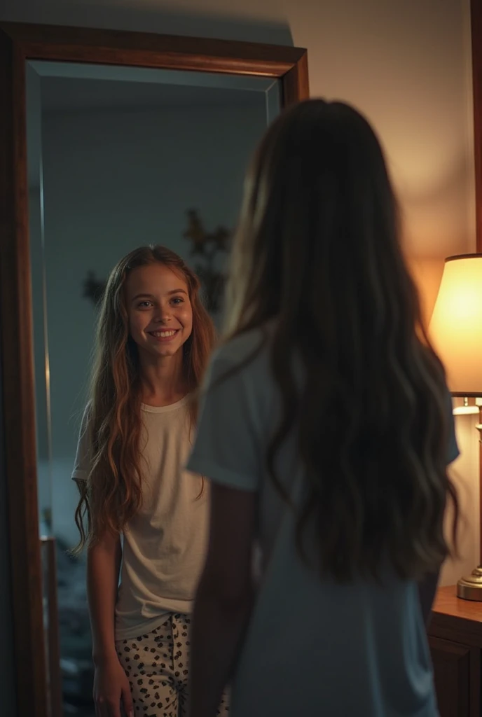 Long haired girl standing in her bedroom, staring at the large mirror she had just bought.  She smiles , but her shadow remained still with a blank expression. The dimly lit light from the room lamp made the atmosphere feel strange.