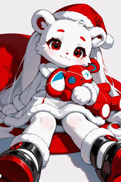 Picture of a girl's little plush toy。The plush is made of soft and cuddly fabric、It has button eyes and a friendly look。She has long teal twin tails、Santa hat with white fur trim、A white dress with red accents and white fur trim、wears black shoes with red ...