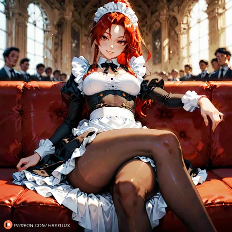 Red ponytail ,  beautiful woman, aldult,  Medium Breasts , Maid outfit, sit,  Hihelzflux,    pantyhose, 盘腿而sit,  , ( masterpiece, is of the best quality,  excellent quality,  detailed background,  complicated ,ridiculous, are very beautiful:1.2), Seductive...