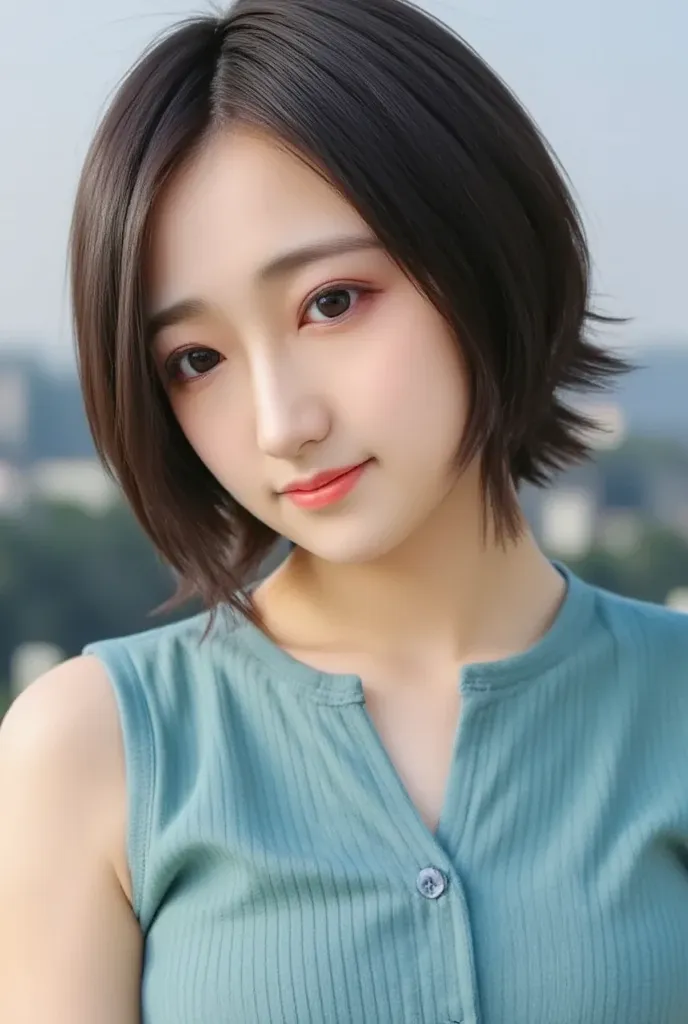 (Masterpiece, best quality :1.2), 1 girl, alone, cute, ( super cute idol-like face :1.2)、 beautiful Japanese woman、21 years old, sexy, Big Eyes with Double Eyelids , ( Light blue sleeveless blouse:1.2), smile, very detailed face and skin texture 、Sophistic...