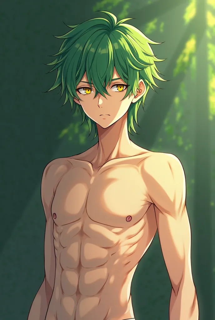 An anime picture shows a handsome, tall age boy with light green, dark green, bright and yellow hair. He is characterized by a slim body that reflects his fitness, thin hands, his locks cover one eye and the color of his eyes is yellow. He wears short spor...