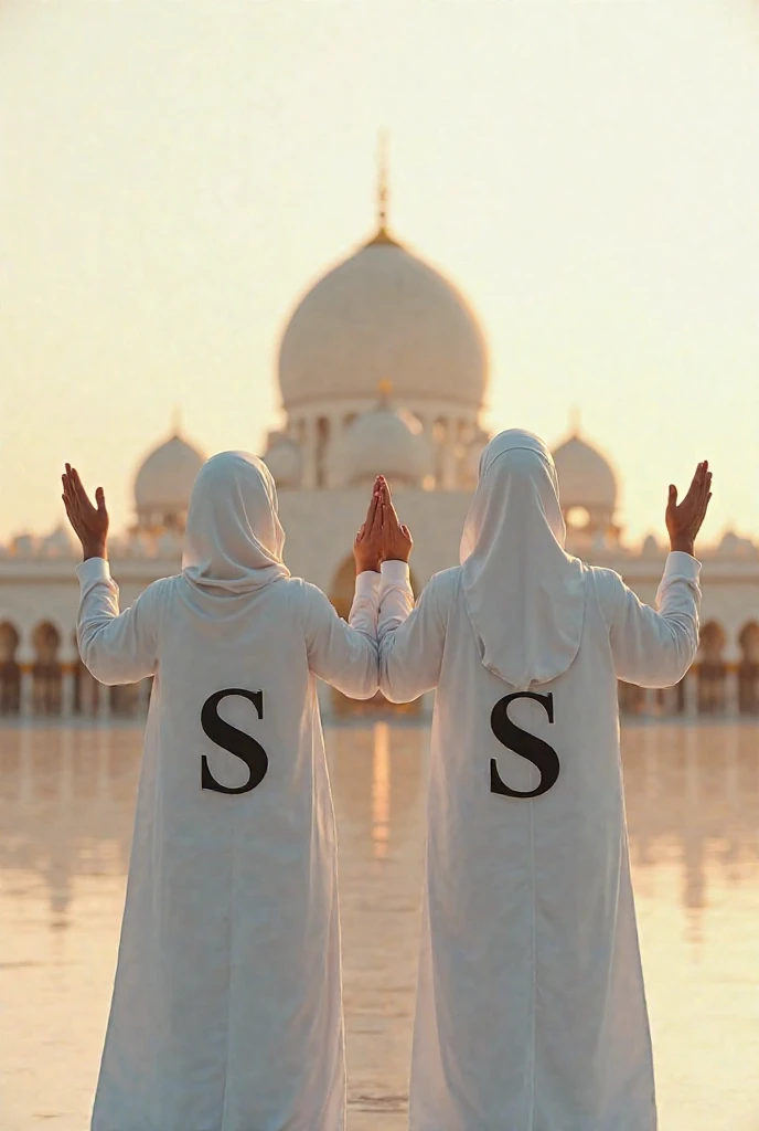 A beautiful couple standing in front of madinah and up their hands for prayer wearing white dresses on that dresses wrote S in bold balck latter's
