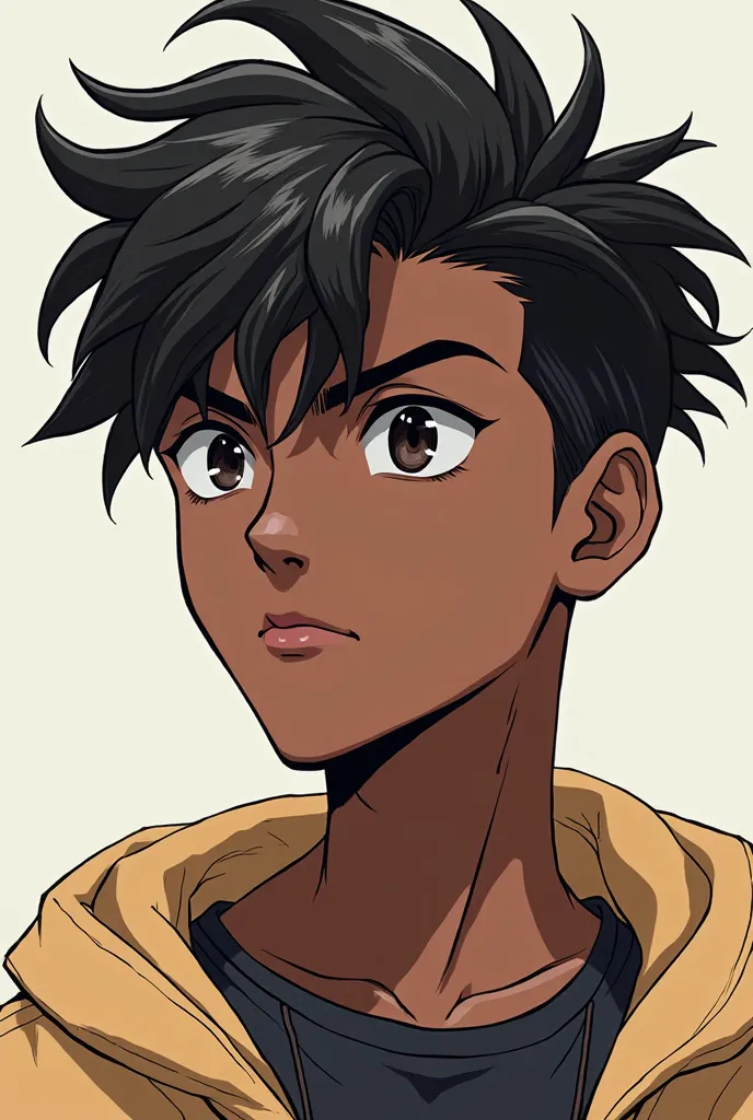 Black Man anime character, of medium length and slightly messy. His bangs fall on his forehead with tufts that mark his face, giving him a youthful and somewhat rebellious appearance.