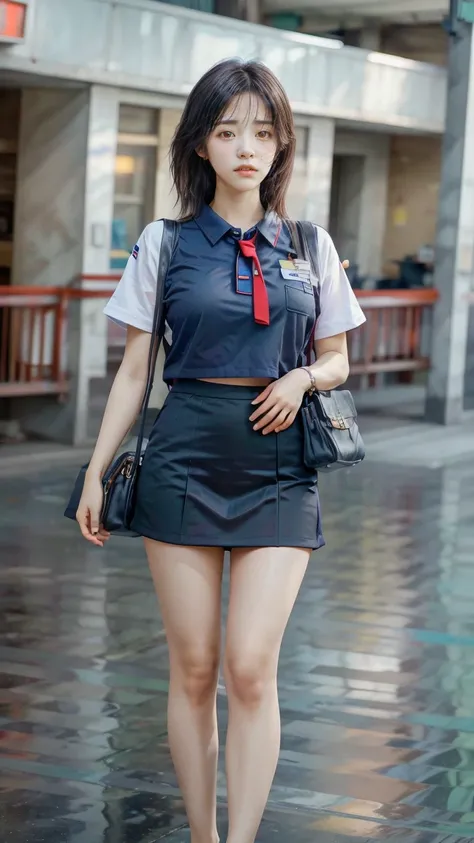 A beautiful, 24-year-old Japanese woman with perfect anatomy, healthy thighs, beautiful legs, beautiful skin, random hair color and style, large breasts, (wearing a flight attendant uniform with a mini-skirt:1.3), (she is standing:1.2), full body shot, pum...