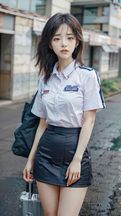 A beautiful, 24-year-old Japanese woman with perfect anatomy, healthy thighs, beautiful legs, beautiful skin, random hair color and style, large breasts, (wearing a flight attendant uniform with a mini-skirt:1.3), (she is standing:1.2), full body shot, pum...