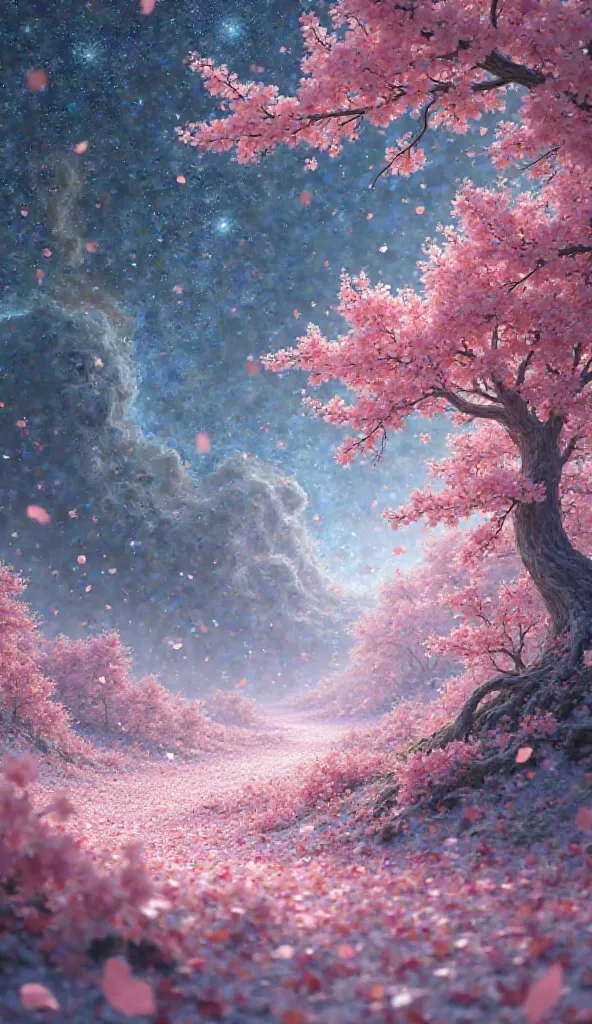 Cherry blossom blizzard and cherry blossom petals fuse with the universe where they dance fantastically