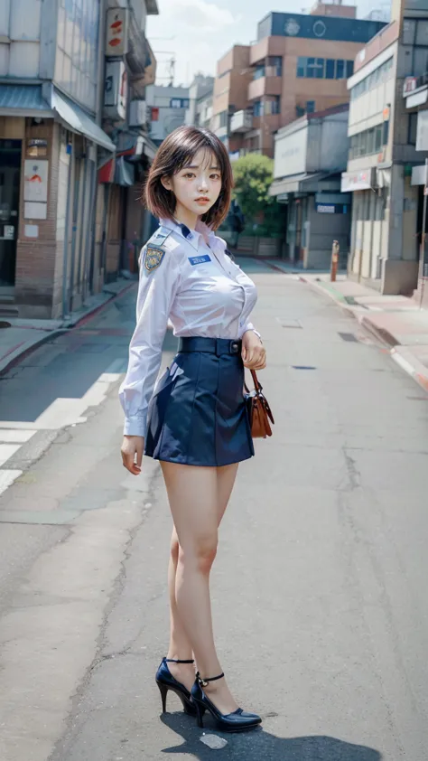 beautiful Japanese woman, 22 years old, perfect anatomy, healthy thighs, beautiful legs, beautiful skin, random hair color, random hairstyle, large breasts, female police officer, (Japanese police uniform:1.3), (miniskirt:1.3), (she is standing:1.2), full ...