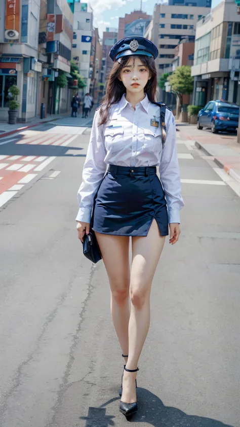 beautiful Japanese woman, 22 years old, perfect anatomy, healthy thighs, beautiful legs, beautiful skin, random hair color, random hairstyle, large breasts, female police officer, (Japanese police uniform:1.3), (miniskirt:1.3), (she is standing:1.2), full ...