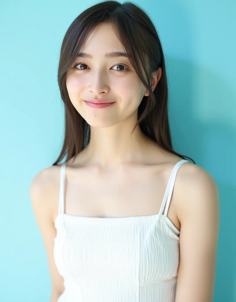 This is a high-resolution photograph of a young Asian woman named Nagi. She has a slim figure and snow-white skin. Slender arms. Her has straight, long hair that is parted in the middle and loosely tied back, with a few strands framing her face. Her expres...