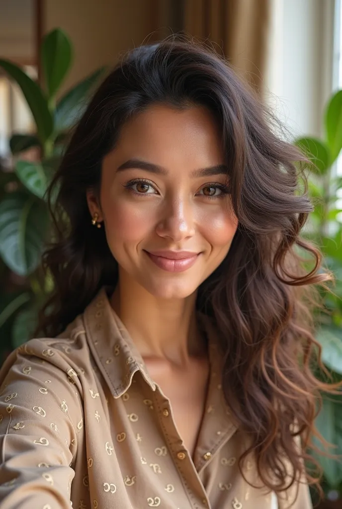 (photorealism:1.2), generate full face selfie of a 40 year beautiful woman, wearing a Gucci designer shirt, and about to go to work, long curly hair, light brown eye, plants in background, cozy room, realistic, during the morning 