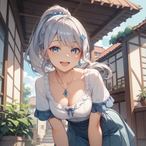  Silver Hair、small hair ornament、high ponytail、long hair、 eye larger、Keep the outer corner of your eye high 、lashes slightly longer、Small nose、Open your mouth slightly、smile、18 years old、Lean forward、Short sleeve、Chest Exposure、 pendant