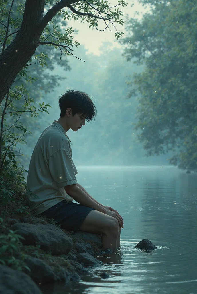 A smart 18-year-old boy is sitting on the bank of the river. His face is like a moon, and he is sad.