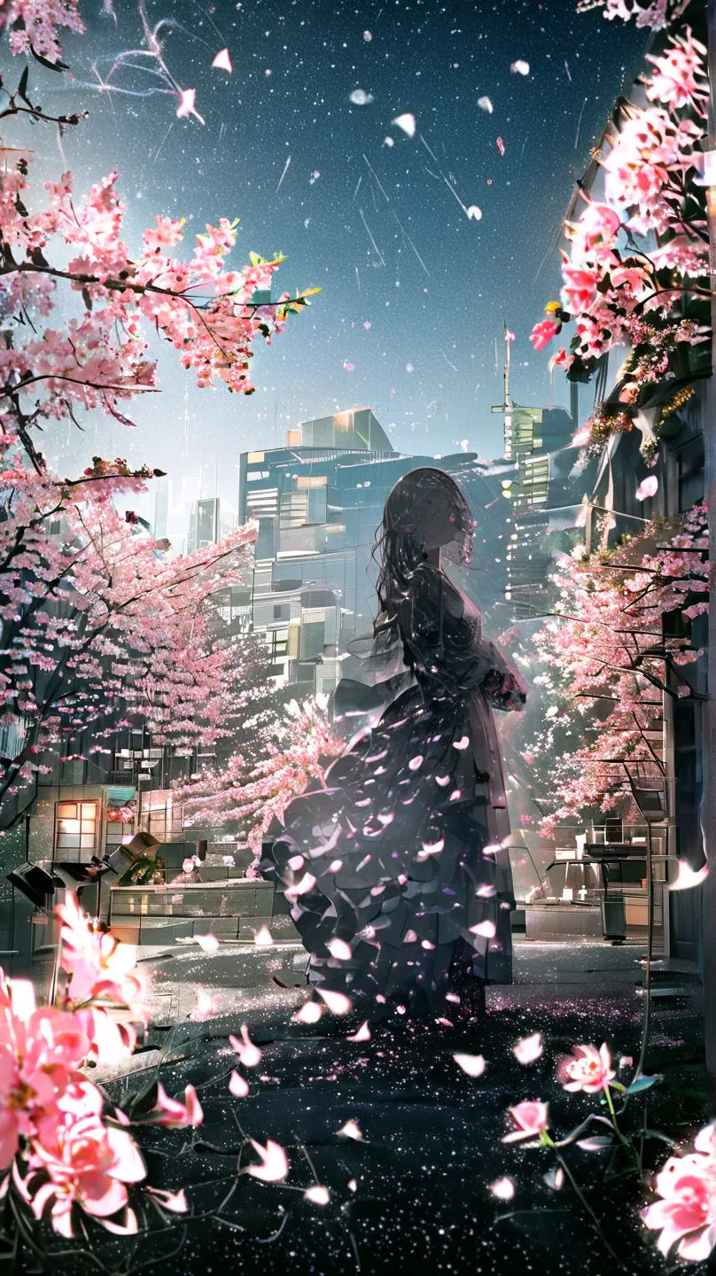  masterpiece, concept art,  panorama,  Vine , shape, wide shot, garden,   night , (meteor), space galaxy background , ( 20 million pixel photo ,  epic scale), Dynamic Lighting, bright color, Pink Rose, Scenery　long eyelash, round eyes,  Silver Hair, Half-o...