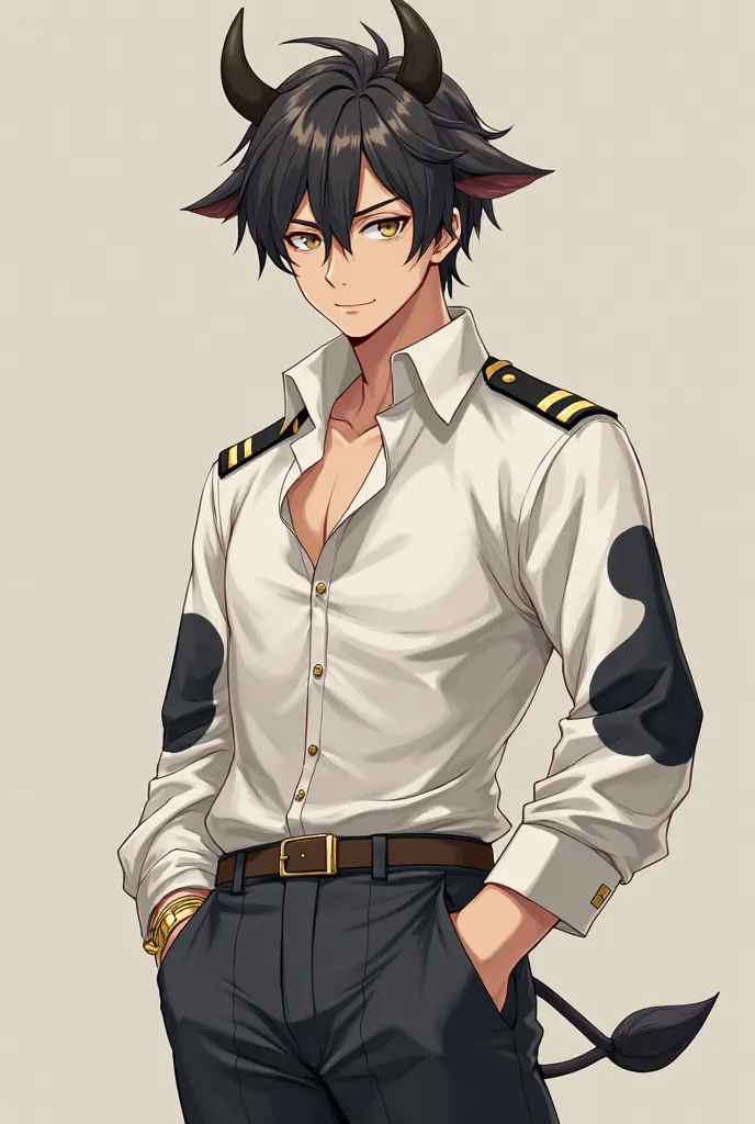 I want a handsome Asian man, with pectorals coming out of a white shirt in uniform that has cow features such as the tail, The ears and the little cuffs are nothing more in anime style now with the shirt closed but with the buttons I'm almost ready to fly