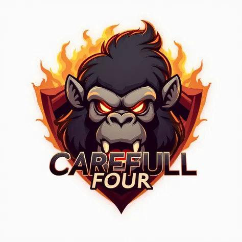 Esport logo design on white background. The main mascot is a ferocious King Kong head visible from the side, with a ferocious expression, gigi sharp, and a strong jaw that shows strength as well as toughness. The aura of fire surrounds King Kong's head, in...