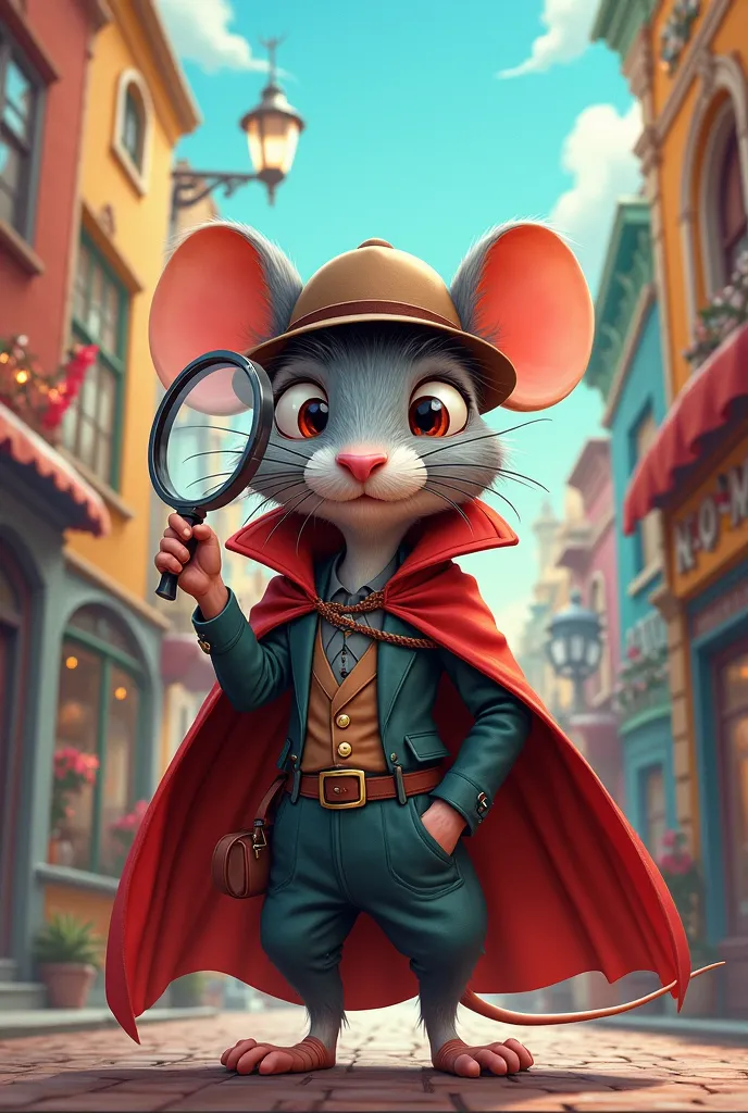 Mouse man cartoon, hat, detective, red cape, magnifying glass