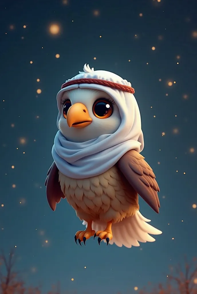 Cute eagle with smooth feather wearing a Muslim Saudi Arab Thobe, is flying in the night full stars, cute smile, Adorable Digital Painting, 3d rendered, Bright lighting, cool night color grading, full-body 