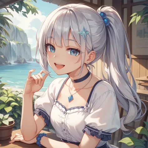  Silver Hair、small hair ornament、high ponytail、long hair、 eye larger、Keep the outer corner of your eye high 、lashes slightly longer、Small nose、Open your mouth slightly、smile、18 years old、Lean forward、Short sleeve、Chest Exposure、 pendant