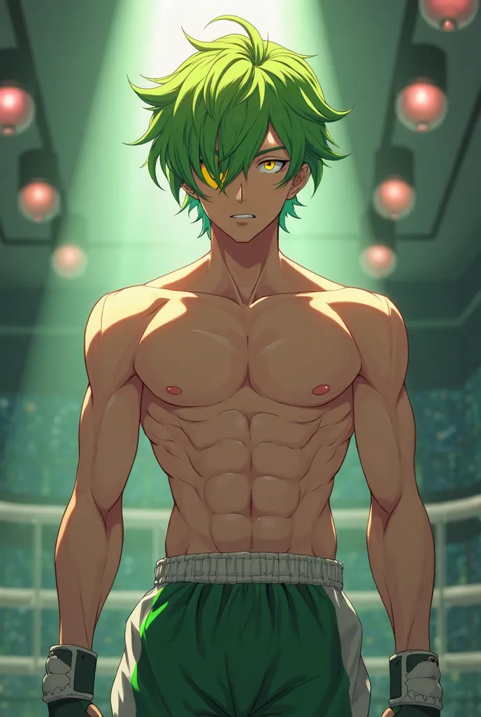 An anime picture shows a handsome, tall age boy with light green, dark green, bright and yellow hair. He is characterized by a slim body that reflects his fitness, thin hands, his locks cover one eye and the color of his eyes is yellow. He wears short gree...