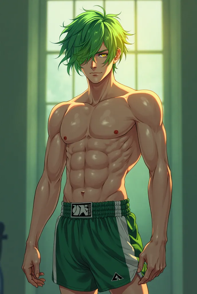 An anime picture shows a handsome, tall age boy with light green, dark green, bright and yellow hair. He is characterized by a slim body that reflects his fitness, thin hands, his locks cover one eye and the color of his eyes is yellow. He wears short gree...