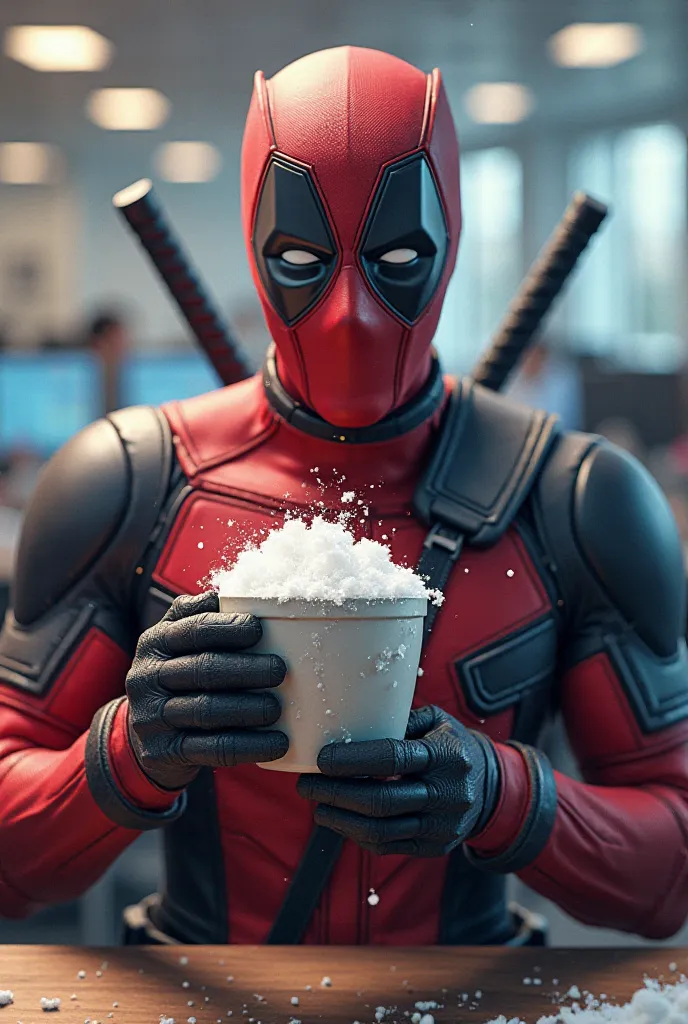 Deadpool is holding a cup and snow inside it and he is smiling at office 