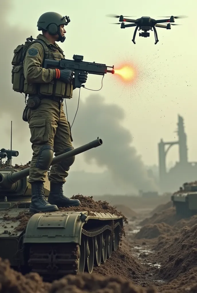 “Realistic style of war photography, battlefield. A soldier in a digital camouflage uniform stands on top of a tank, holding a gun in his hand, similar to one used to fire flares. A nylon web, shaped like a spider, is fired from the weapon, which flies tow...