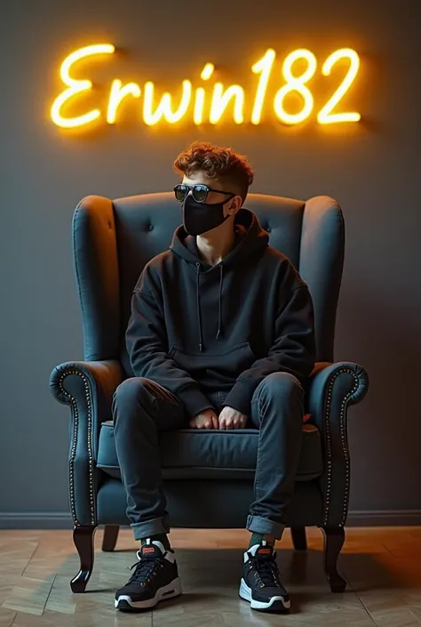 [HOODIE] - " Create a 3D illusion for a profile picture where a 2 cute boy in a black hoodie Sitting casually on a Wingback chair. Wearing sneakers, with black mask, and sunglasses, he looks ahead. The background features "Erwin182" in big and capital Yell...