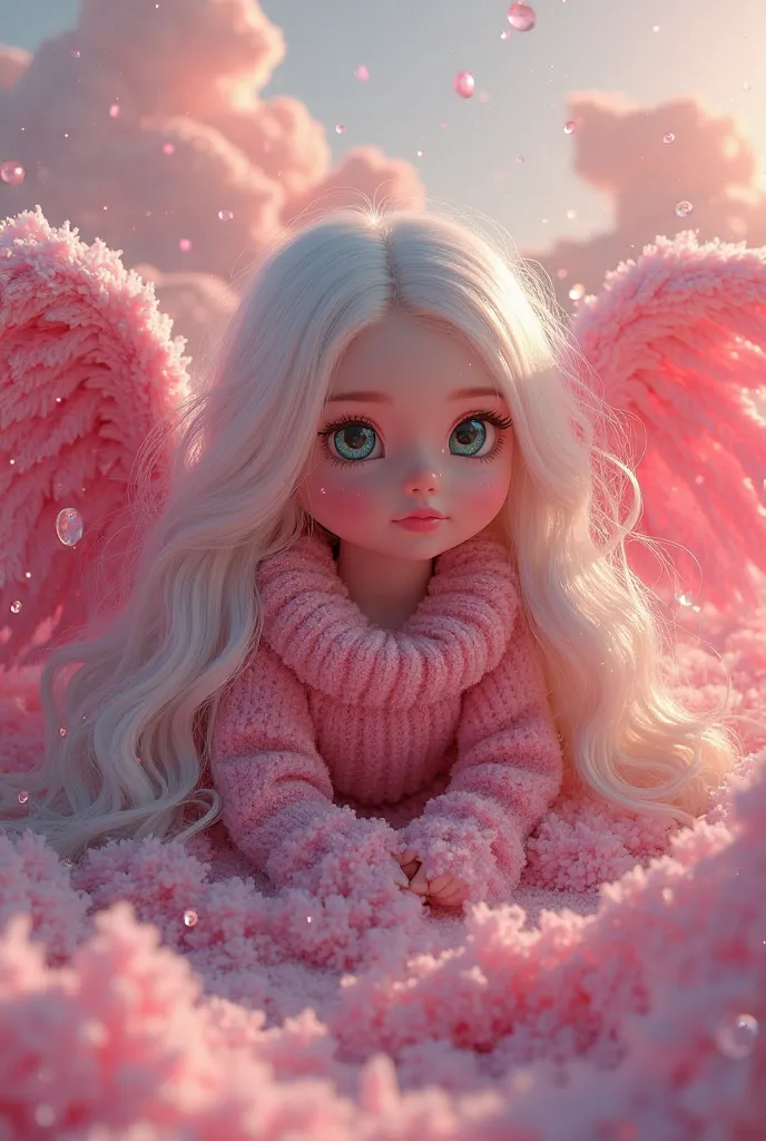 The most amazing and beautiful and innocent and magical  tincklbell Fallen Angel looking like Barbie in 4k she's looking so real in winter clothes dark fushia and peach , magenta and glitter with long hair color platinum expressive angelically big eyes col...