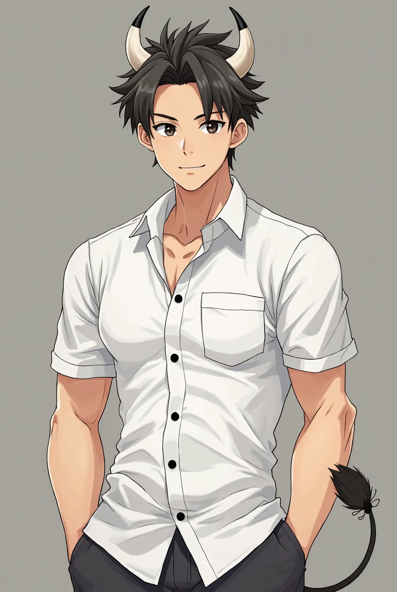 I want a handsome Asian man, with big pecs coming out of a white school uniform shirt. that has cow features such as the tail, The ears and the little cuckers nothing more in anime style