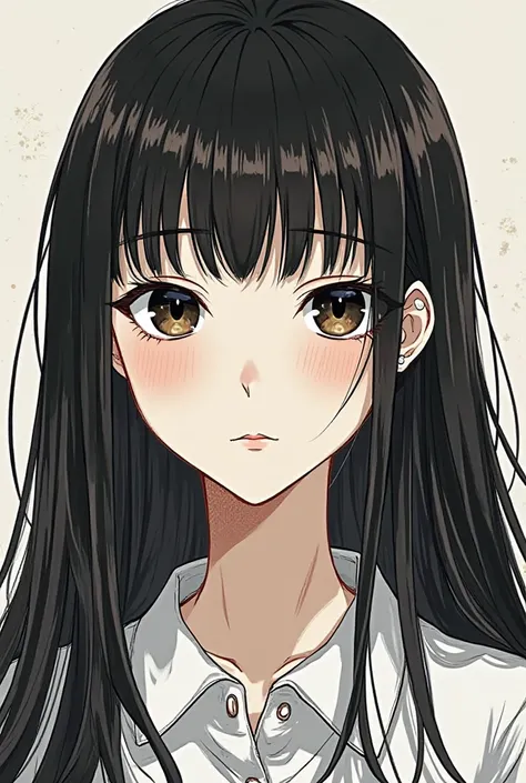 Woman with straight black and long hair with silver highlights, black eyes with a black pupil hole,  light leather balcony, parts. Calm and serene looking. Drawing style like the one in El Manhwa gl "Bad thinking diary" the rank egg