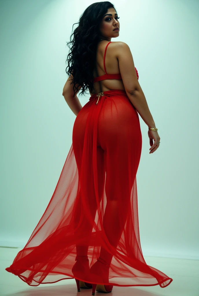 Back view fashion model photography image with a low-angle perspective. The camera is placed directly under the model who is turning back, pointing upward. The model is a 50 year old indian brown skin milf curvy medium plus size figure with black bride hai...