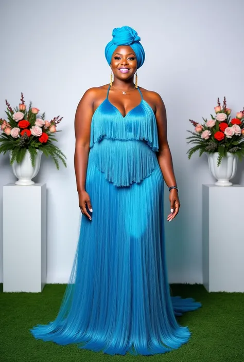 A portrait image of a size 16 caramel African Nigerian latina female during her birthday photoshoot, dressed in blue fringes gown,with matching stylish turban, flawless makeup,smiling glossy lips. Standing with a green grass ground,Background is white with...