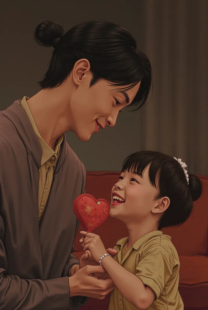 an Asian man gives a  a heart-shaped doll. both of them are warmly, looking at each other.