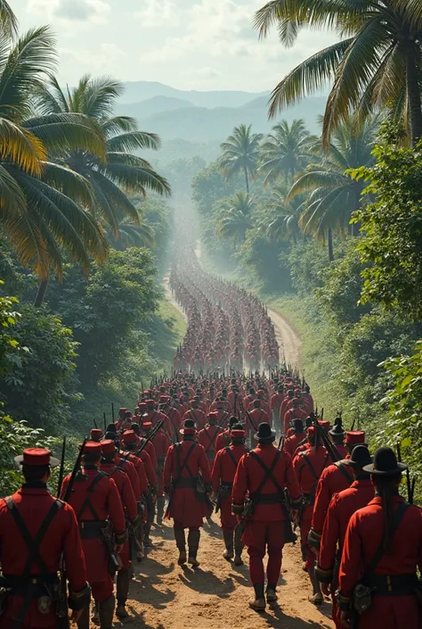 british troops in 1700s advancing on a road in sri lanka..