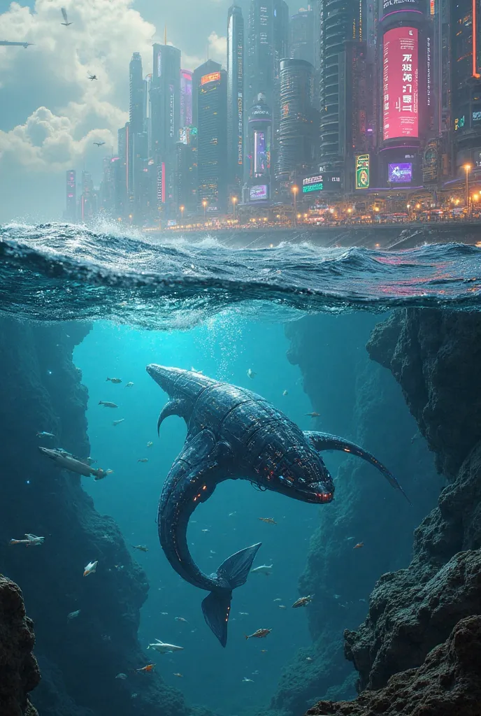 Ultra realistic ocean, cyberpunk, 4k hdr, with the creature of ghe sea