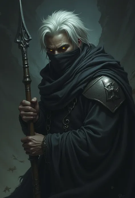 Man, Black clothes, with spear, face covered with scarf, white hair, yellow eyes, detailed face,