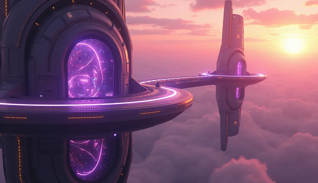 Floating platforms hover above the original dome, connected by holographic bridges in magenta and gold. A central AI core pulses with purple light, projecting fractal data streams. Solar sails harvest energy from the planet’s twin suns.