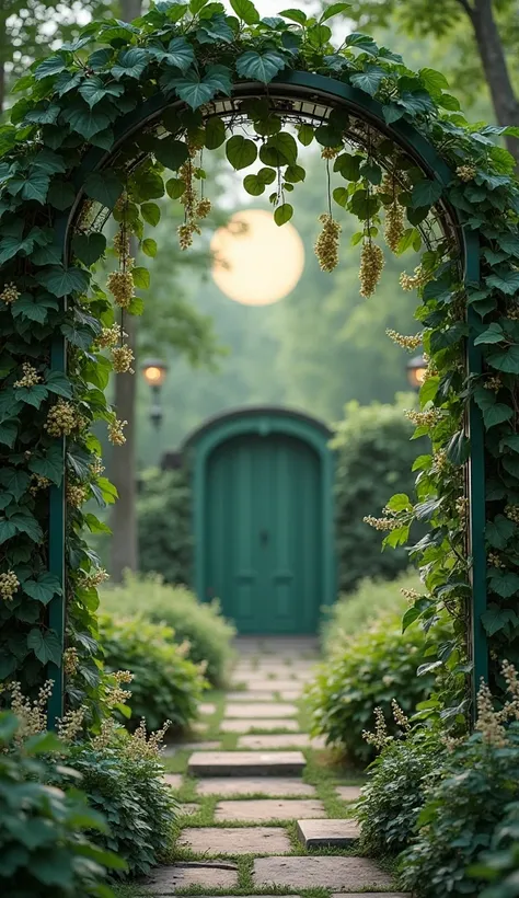 The background is a green garden, decorated with a green glass arch with a mirror effect. The focus is on a gorgeous vine with an abundance of large clusters and delicate flowers.

In the foreground is a peaceful night landscape with a peaceful archive old...