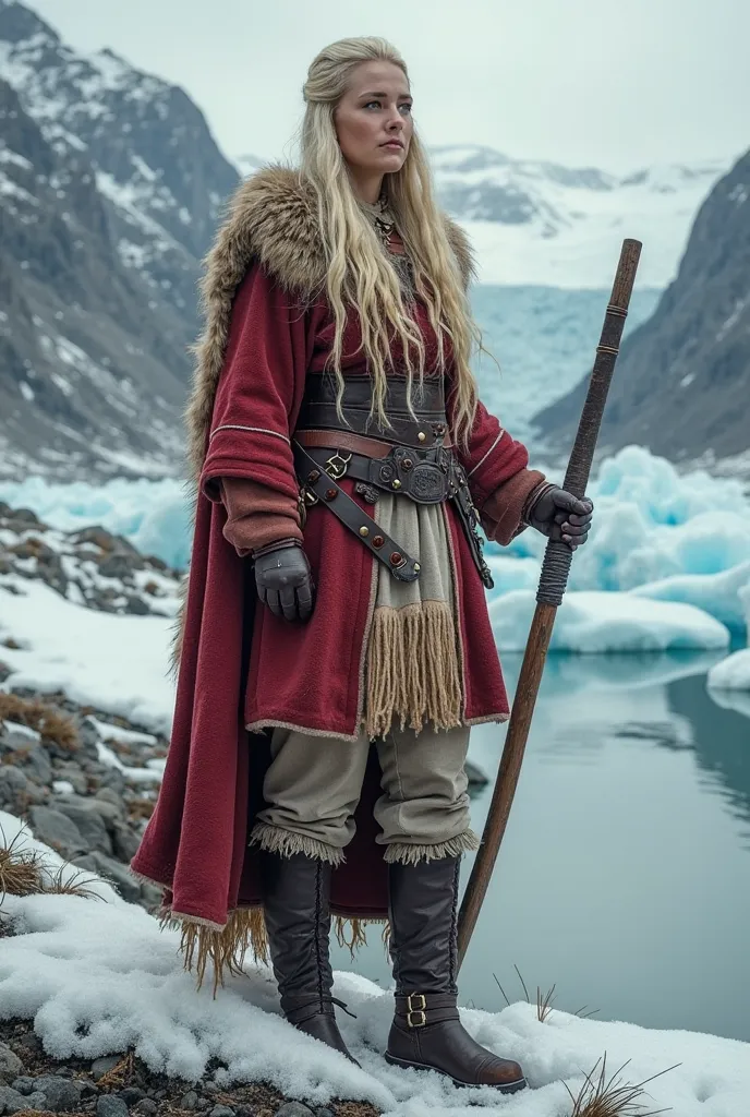 femme viking , culotte  rouge et blanc, tres grosse poitrine, la peau mate,
long cheveux blondsavec des tresses , longues jambes avec des bottes en fourrure,   sur un paysage de glaciers,  une hache dans la main droite 