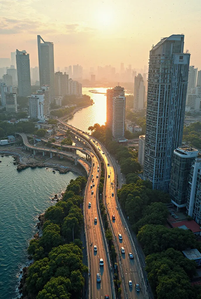 hyper realistic image, real life image, from a drone's point of view, view of Kuala Terengganu city area, with elevated roadway, coastal city, early morning atmosphere