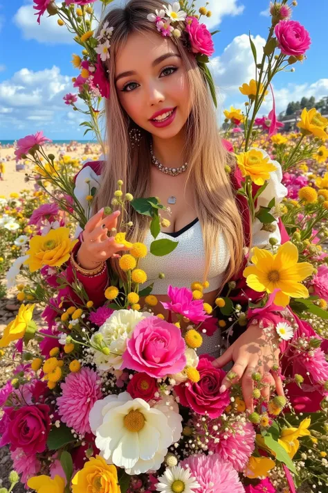 goddess of love and fertility (giga tits, huge tits natural sag) , extremely attractive, flower dress made of sheer silk very colorful, flower jewelry and decorations, demure, lewd, perfect flower garden