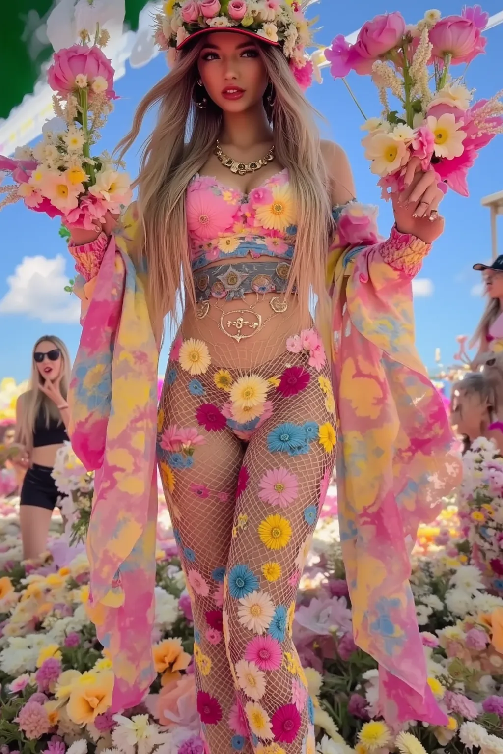 goddess of love and fertility (giga tits, huge tits natural sag) , extremely attractive, flower dress made of sheer silk very colorful, flower jewelry and decorations, demure, lewd, perfect flower garden