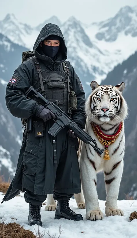 Japan – White Tiger (Japanese Army)

"A Japanese soldier in black tactical gear, stationed in a mountain base. He holds an AK-47 with precision. Beside him, a white tiger stands guard, its muscular body adorned with a red-and-gold necklace. Snow-capped pea...