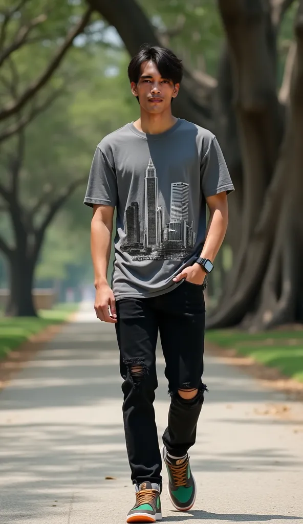 full size photo A 29-year-old young Asian man with a tan skin tone and straight hair styled with a side parting. weariang Short T-shirts of Misty dark gray with aesthetic urban building graphics , wearing long black ripped pencil jeans, wearing ((a combina...