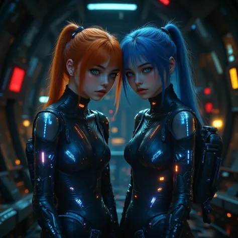 hyper realistic, two girls one ginger and one with blue hair sad and afraid, age-14 in a sci fi military outfit, leggings with small glowing blue neon lines tank top with small glowing blue neon lines, belts neon lights, scifi inplants, flat belly, tiny wa...