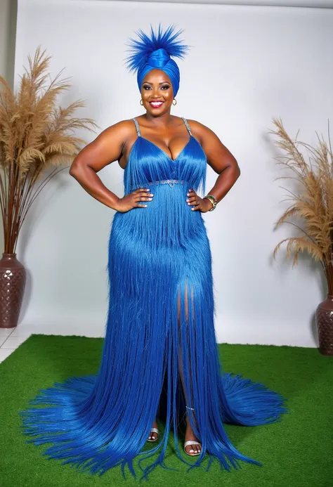 A portrait image of a size 16 caramel African Nigerian latina female during her birthday photoshoot, dressed in blue fringes gown,with matching stylish turban, flawless makeup,smiling glossy lips. Standing with a green grass ground,Background is white with...