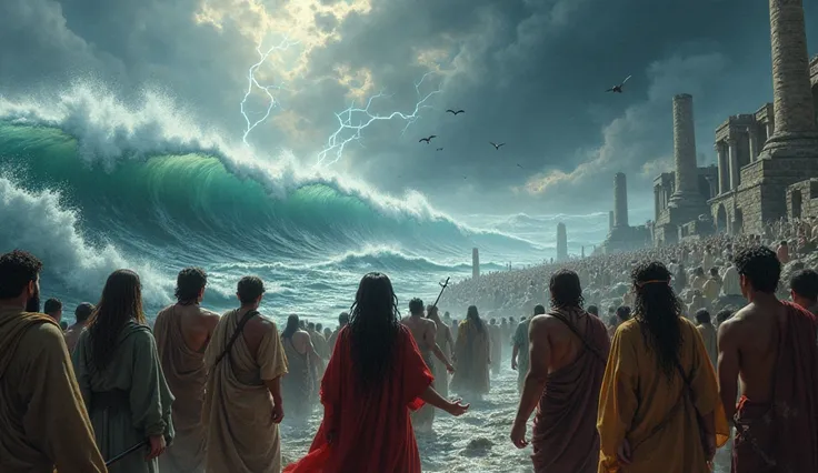 "A vast group of ancient people, dressed in long flowing robes, stand together facing an enormous tidal wave crashing towards them. Their expressions range from awe to determination as they prepare for the incoming deluge. The sky is stormy with dark, omin...